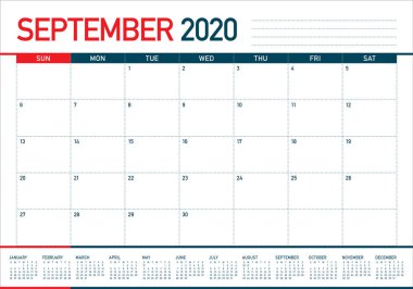 Eylül 2020 masa takvimi vektör illüstrasyon