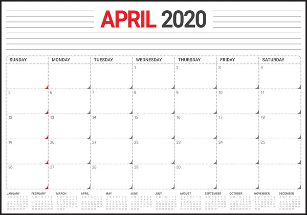 April 2020 Schreibtisch Kalender Vektor Illustration — Stockvektor