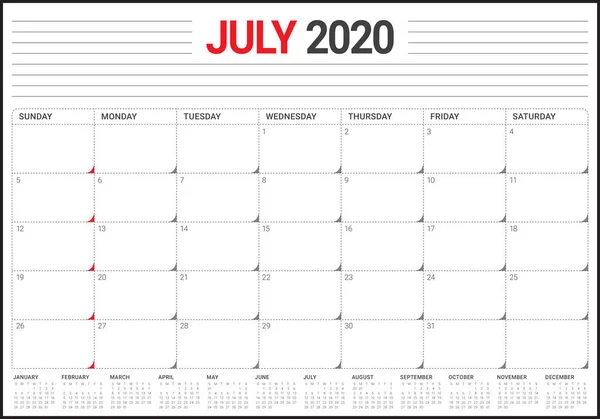Julio 2020 escritorio calendario vector ilustración — Vector de stock