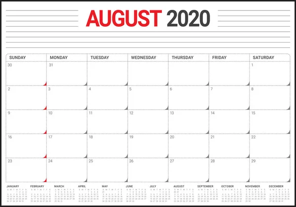 Sierpień 2020 biurko kalendarz ilustracja wektor — Wektor stockowy