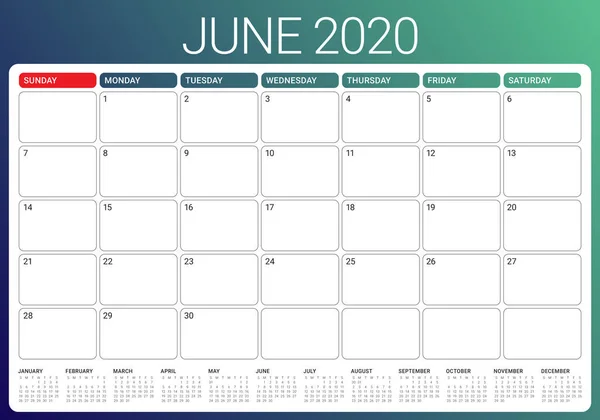 Calendrier de bureau juin 2020 illustration vectorielle — Image vectorielle