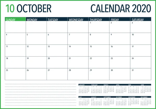 Octubre 2020 escritorio calendario vector ilustración — Vector de stock