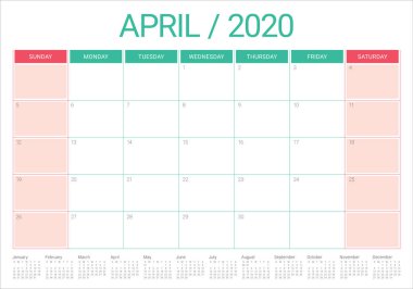 Nisan 2020 masa takvimi vektör illüstrasyon