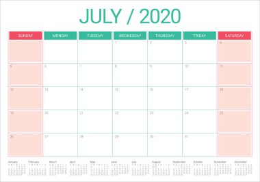 Temmuz 2020 masa takvimi vektör illüstrasyon