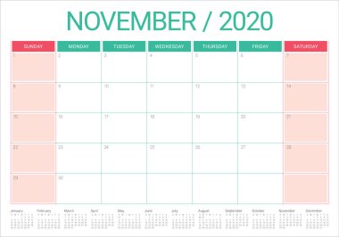 Kasım 2020 masa takvimi vektör illüstrasyon