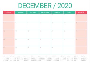 Aralık 2020 masa takvimi vektör illüstrasyon