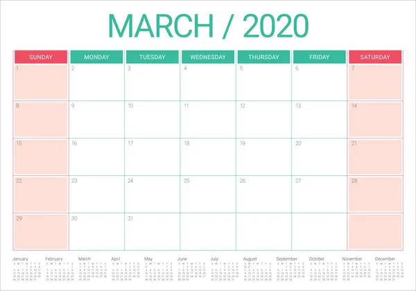 Marzo 2020 escritorio calendario vector ilustración — Archivo Imágenes Vectoriales