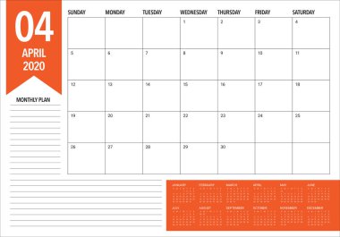 Nisan 2020 masa takvimi vektör illüstrasyon