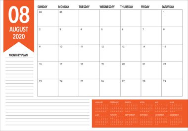 Ağustos 2020 masa takvimi vektör illüstrasyon