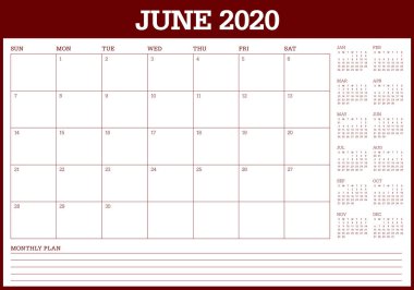 Haziran 2020 masa takvimi vektör illüstrasyon