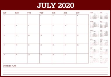 Temmuz 2020 masa takvimi vektör illüstrasyon