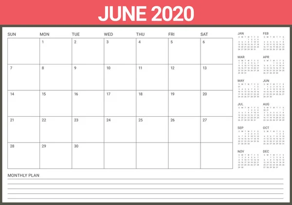 2020 年 6 月桌面日历矢量插图 — 图库矢量图片