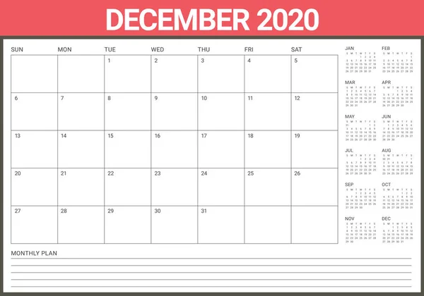 2020년 12월 데스크 캘린더 벡터 일러스트레이션 — 스톡 벡터