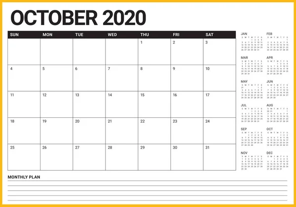 Octubre 2020 escritorio calendario vector ilustración — Vector de stock