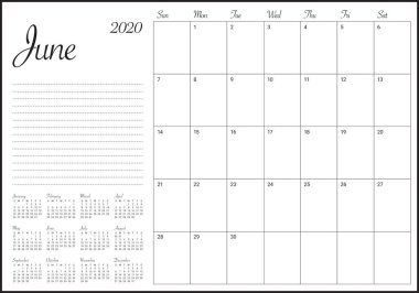 Haziran 2020 masa takvimi vektör illüstrasyon
