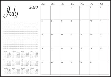 Temmuz 2020 masa takvimi vektör illüstrasyon