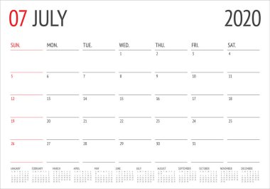 Temmuz 2020 masa takvimi vektör illüstrasyon