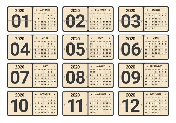 Ano 2020 Calendário Mensal Ilustração Vetorial Design Simples Limpo —  Vetores de Stock