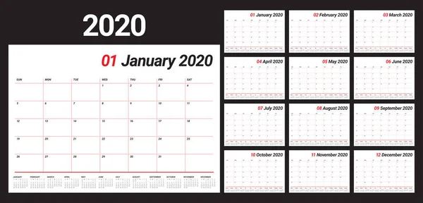 Anno 2020 Scrivania Calendario Vettoriale Illustrazione Design Semplice Pulito — Vettoriale Stock