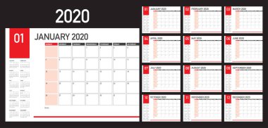 Yıl 2020 masa takvimi vektör çizimi, basit ve temiz tasarım.
