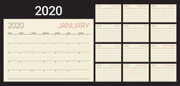 Rok 2020 Kalendář Vektorové Ilustrace Jednoduchý Čistý Design — Stockový vektor