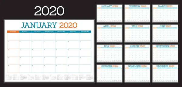 Anno 2020 Scrivania Calendario Vettoriale Illustrazione Design Semplice Pulito — Vettoriale Stock