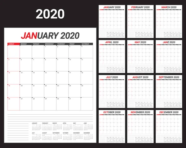 Año 2020 Escritorio Calendario Vector Ilustración Diseño Simple Limpio — Vector de stock