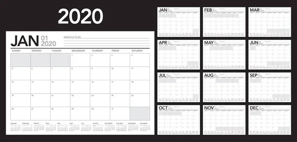 Anno 2020 Scrivania Calendario Vettoriale Illustrazione Design Semplice Pulito — Vettoriale Stock
