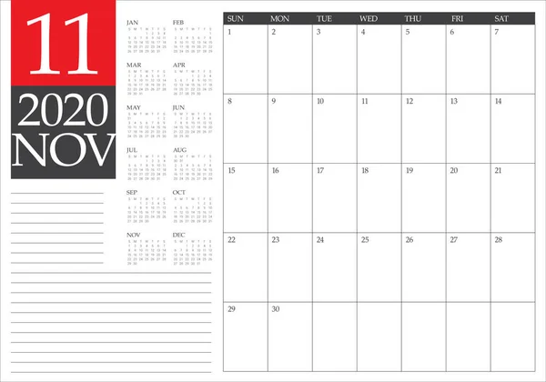 November 2020 Desk Calendar Vector Illustration Simple Clean Design — Stock Vector