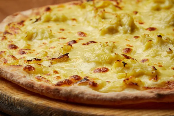 pizza with pineapples, Italian dish, pizzeria, presentation and serving, menu, beautifully decorated dish, delicious food, pizza, delicious and hot pizza, greens, pizza wooden board