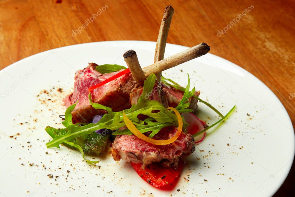 lamb ribs, rustic lunch, lamb with vegetables, grilled meat, menu, meat dish, chef, presentation of dishes, serving, grill, beautiful presentation of dishes on a plate