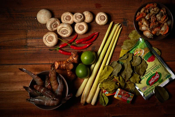 Tom Yam, Thailand, Thai food, spicy food.Ingredients for Tom Yam soup on the board. Preparing to make soup. Vegetables, vacation, lemongrass, food photo