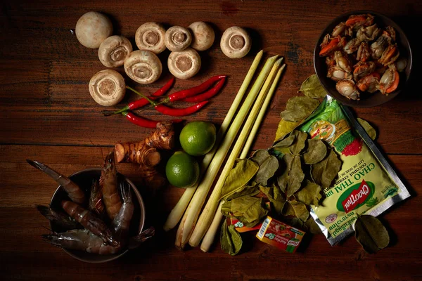 Tom Yam, Thailand, Thai food, spicy food.Ingredients for Tom Yam soup on the board. Preparing to make soup. Vegetables, vacation, lemongrass, food photo
