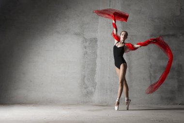 Girl on pointe with a red cloth on a gray background.girl, dance, dancer, ballet, ballerina, modern, pointe shoes, 