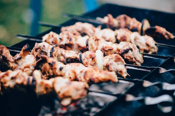 Cocción Parrilla Kebab Pincho Metal Carne Asada Cocinada Barbacoa Plato — Foto de Stock