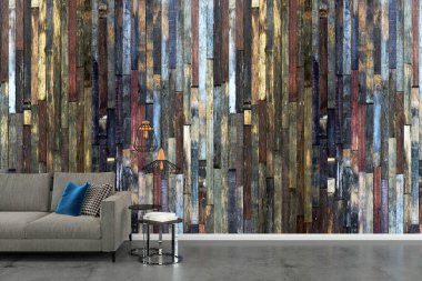 Oturma odası konsepti. 3D render kanepe masa lambası zemin ahşap duvar şablonu desen