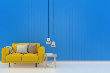 Oturma odası konsepti. 3D render kanepe masa lambası zemin ahşap duvar şablonu desen