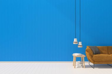 Oturma odası konsepti. 3D render kanepe masa lambası zemin ahşap duvar şablonu desen