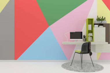 Oturma odası konsepti. 3D render kanepe masa lambası zemin ahşap duvar şablonu desen