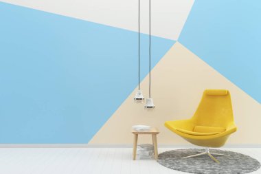 Oturma odası konsepti. 3D render kanepe masa lambası zemin ahşap duvar şablonu desen