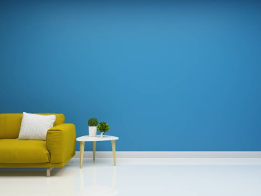 Oturma odası konsepti. 3D render kanepe masa lambası zemin ahşap duvar şablonu desen