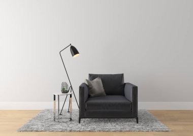 Oturma odası konsepti. 3D render kanepe masa lambası zemin ahşap duvar şablonu desen