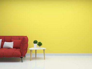 Oturma odası konsepti. 3D render kanepe masa lambası zemin ahşap duvar şablonu desen