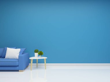 Oturma odası konsepti. 3D render kanepe masa lambası zemin ahşap duvar şablonu desen