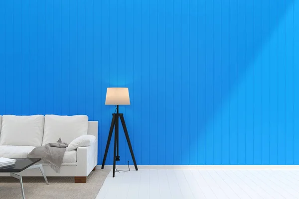 Living room concept interior. 3d render sofa table lamp background wood floor wooden blue wall template design texture