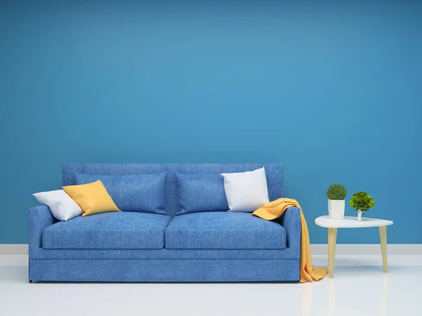 Blue sofa and wall living room interior 3d rendering Background mock up
