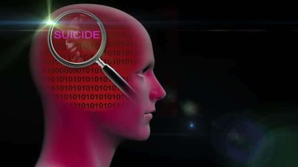 Профиль человека с крупным планом увеличительного стекла на слове самоубийство — стоковое видео