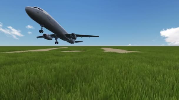 Green field with airplane in background — Stock Video