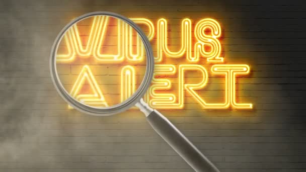 Writing words ' VIRUS ALERT ' on bricks background and magnifying glass — Stock Video