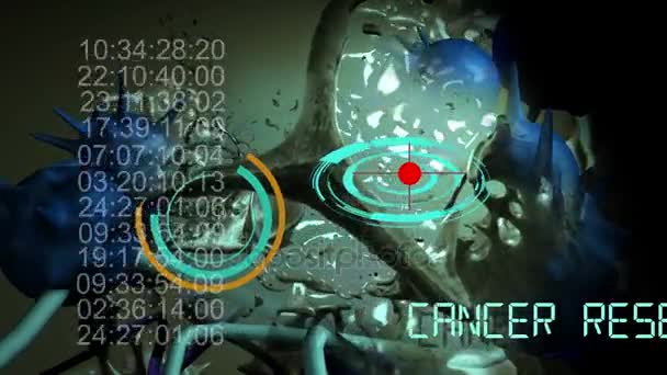 Célula cancerígena y palabra CANCER INVESTIGACIÓN escritura sobre fondo de imagen de cáncer — Vídeos de Stock